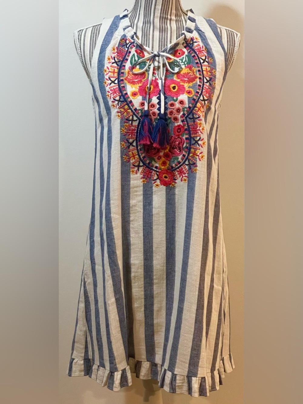 THML Embroidered Tassel Striped Sundress - Blue & White with Pink Floral Detail
